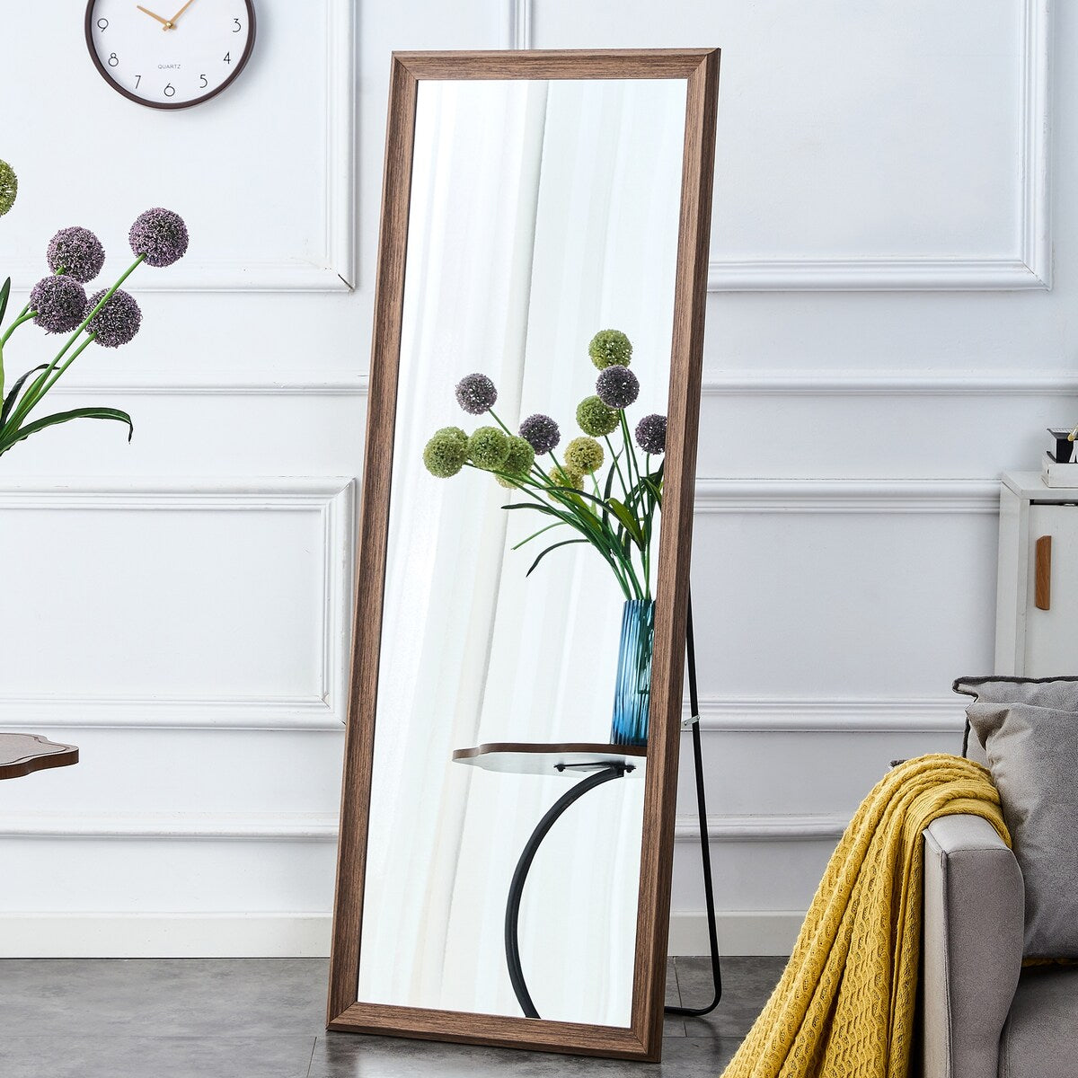 wood frame full body mirror with deep wood grain color, floor standing